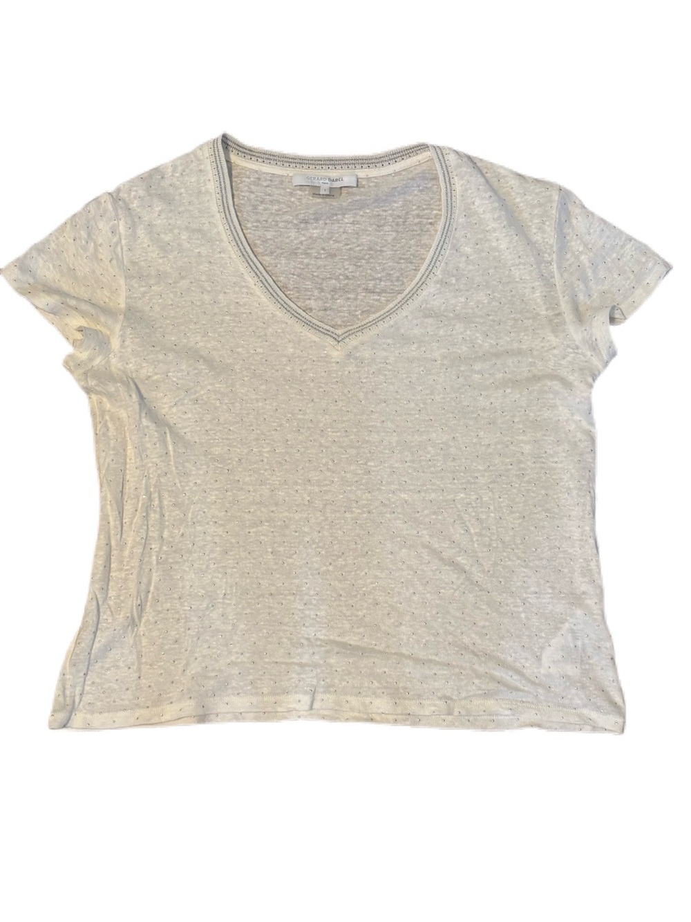 Gerard Darel "Mirana" Embellished Pin Dot Stud V-Neck Linen T-Shirt - Size 1 (Sm